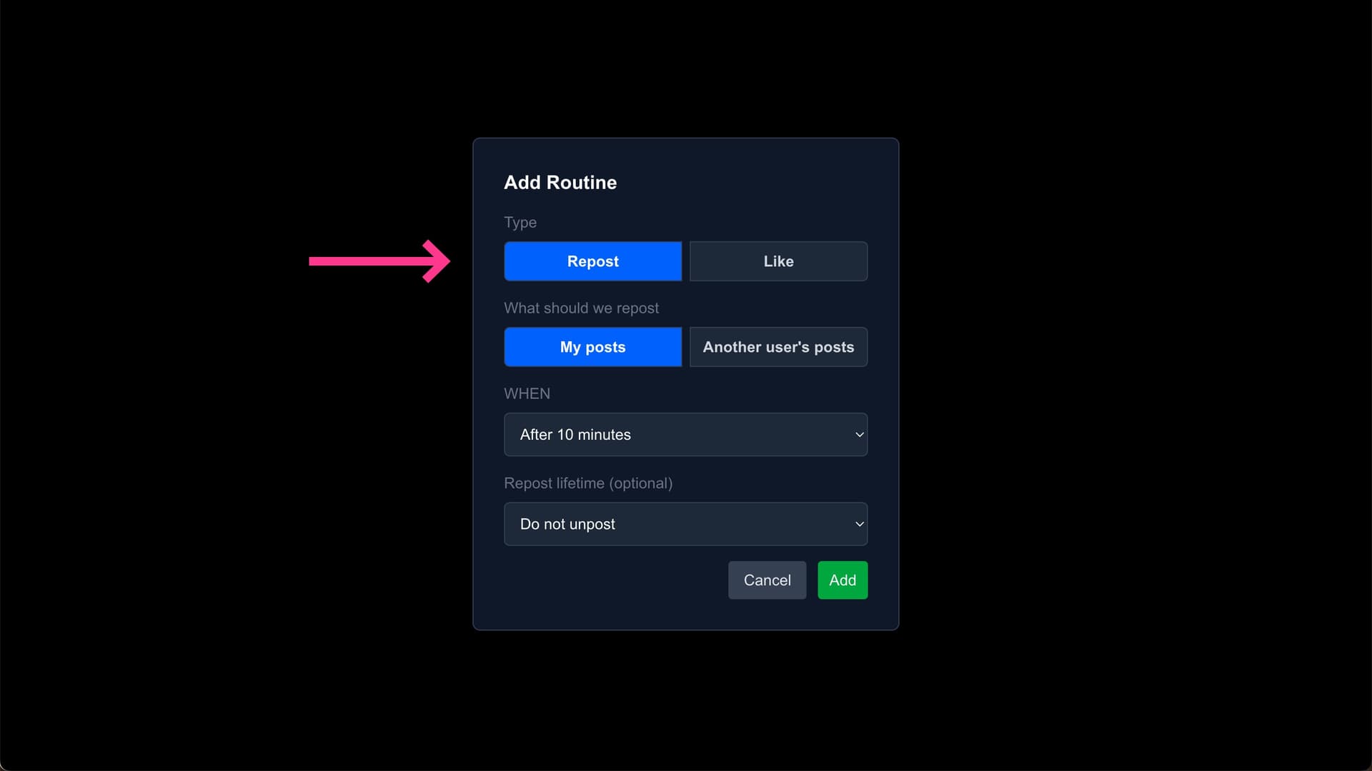 Choose repost accounts